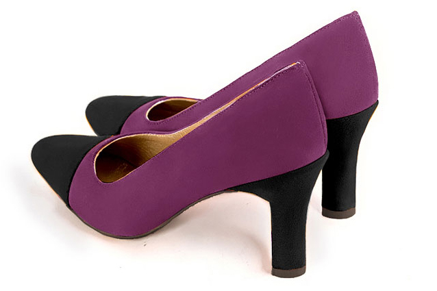 Matt black and mulberry purple women's dress pumps, with a round neckline. Round toe. High kitten heels. Rear view - Florence KOOIJMAN